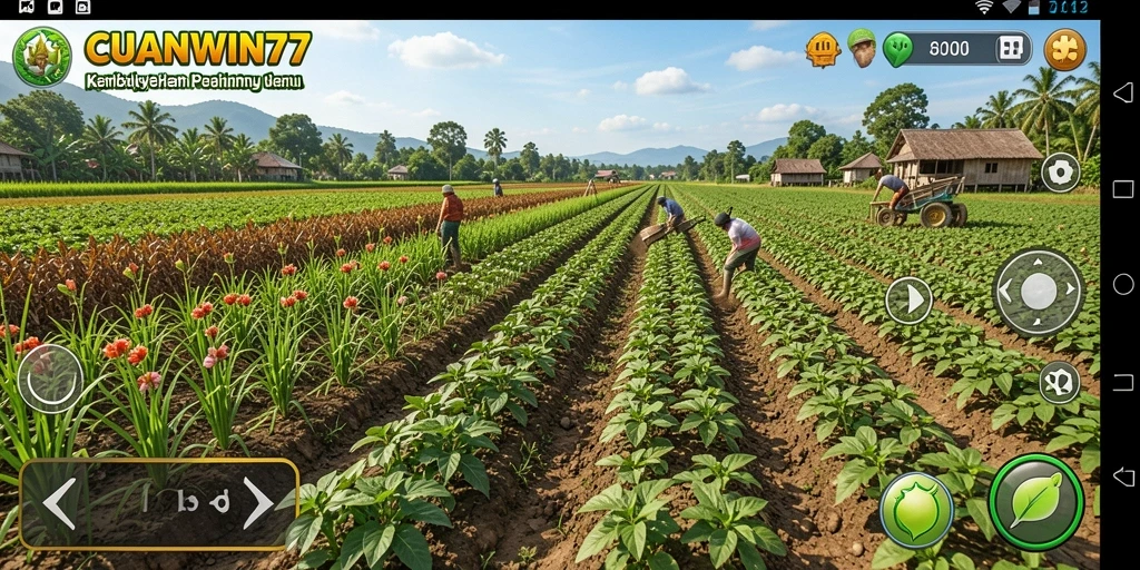 Screenshot gameplay CUANWIN77 menampilkan kebun yang subur dan penuh warna.