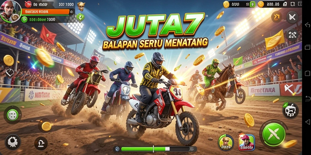 Tangkapan layar utama JUTA7 menampilkan aksi balap yang mendebarkan.