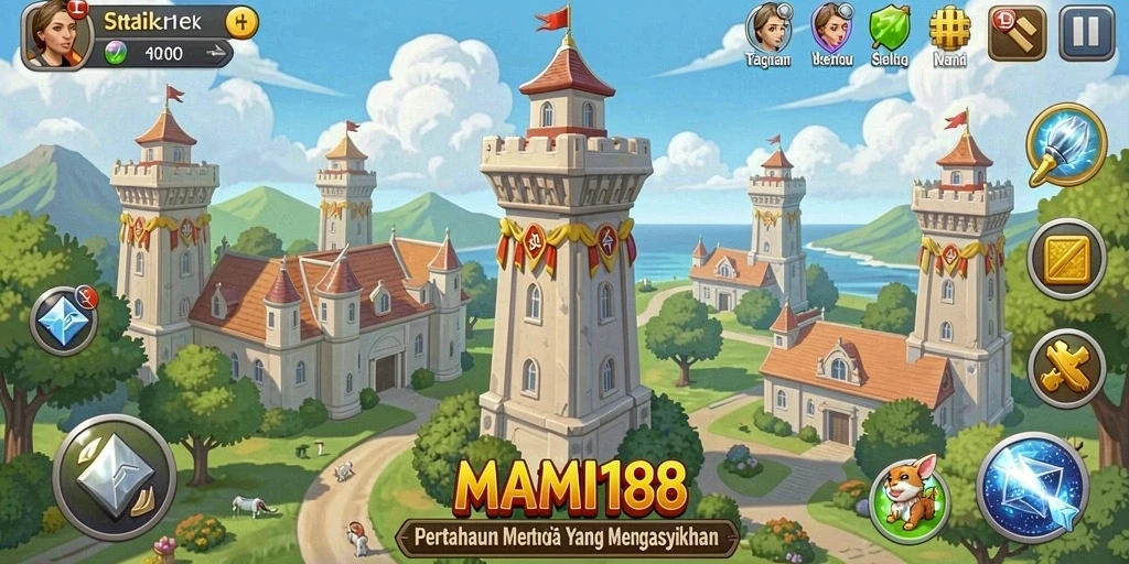 Tangkapan layar menunjukkan gameplay menara pertahanan yang intens.