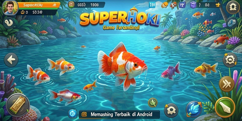 Tampilan gameplay SUPERHOKI dengan suasana memancing yang menenangkan.