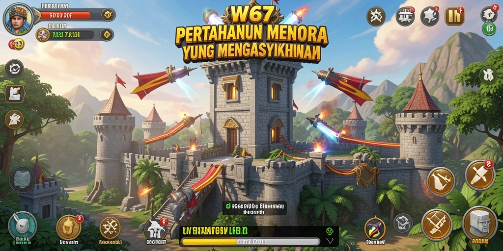 Tampilan gameplay W67 dalam pertahanan menara yang menantang.
